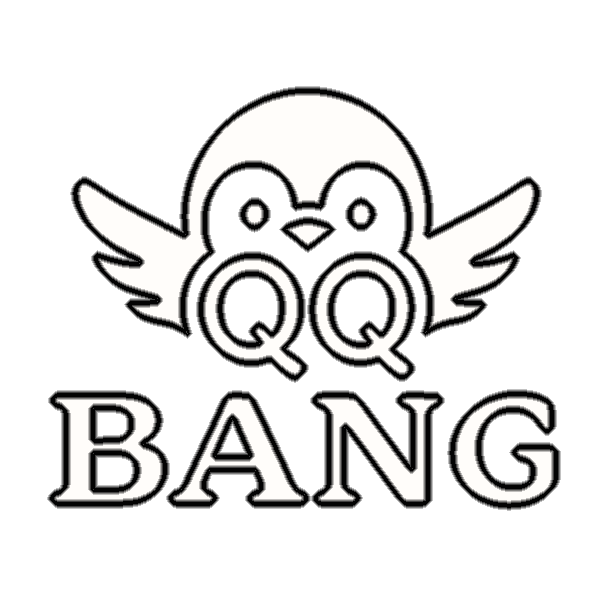 White logo featuring an owl-like head with winged sides and two large Q shapes forming the eyes, with the word BANG in bold serif letters beneath on a black background.