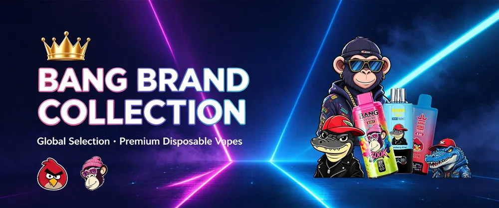 Promotional banner for Bang Brand Collection with a crown logo, bold neon pink and white text reading 'BANG BRAND COLLECTION' and the subtitle 'Global Selection • Premium Disposable Vapes', flanked by cartoon animal characters and a row of Bang disposable vape bottles against a dark neon-blue background.